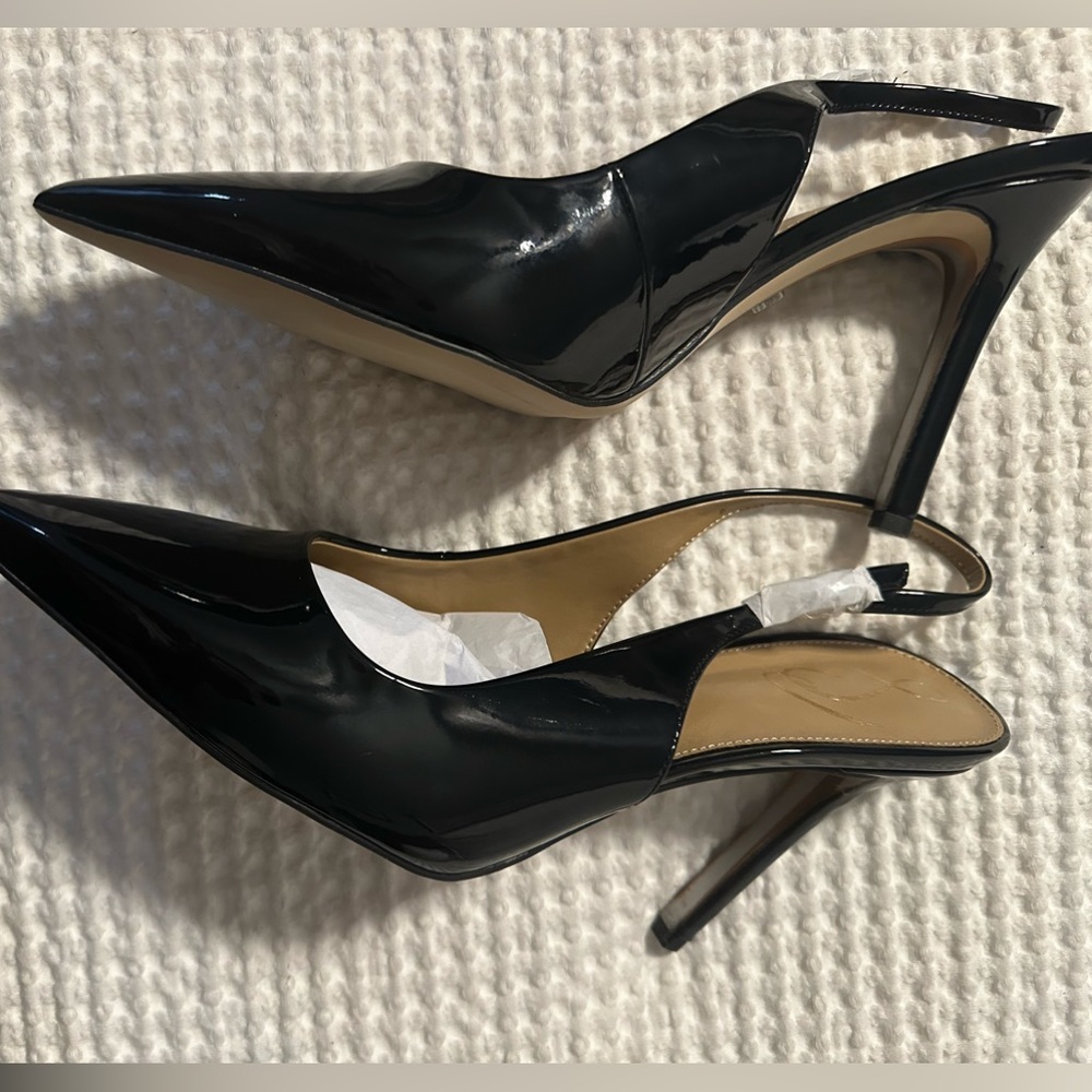 Black new patent leather sling backs